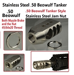 Stainless Steel 49/64x20 Tanker Muzzle Brake, For .50 Beowulf, 49/64x20 TPI Jam Nut 